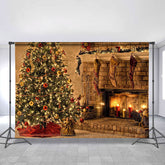 Lofaris Khaki Chrismas Tree With Stocking Stone Brick Backdrop